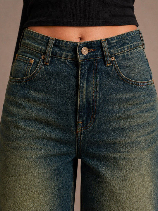 Women Comfort Wide Leg High-Rise Light Fade Stretchable Jeans