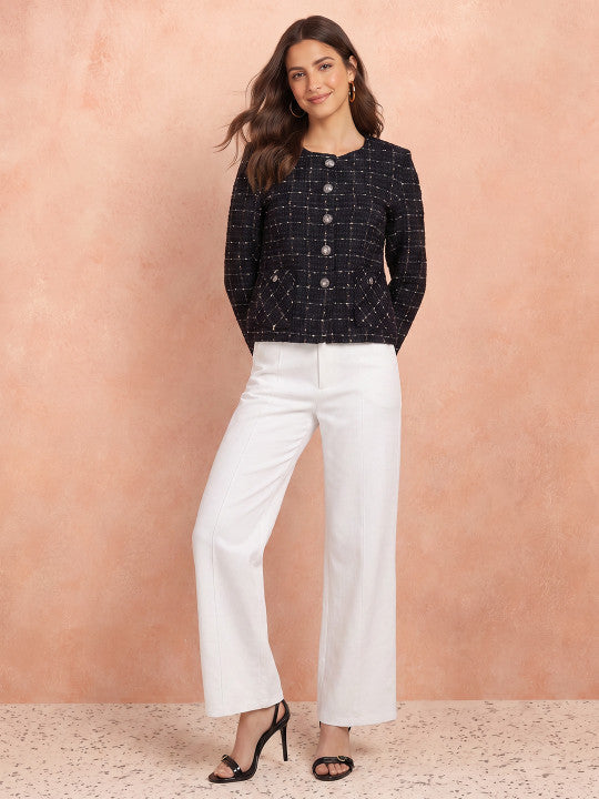 Checked Cotton Collarless Single-Breasted Blazers