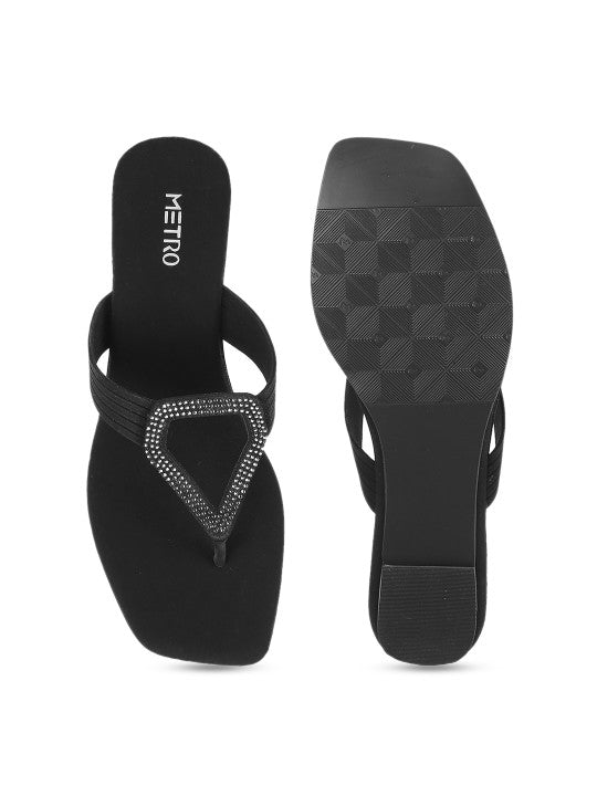 Womens Black Embellished T-Strap Comfort Open Toe Flats