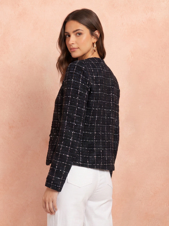 Checked Cotton Collarless Single-Breasted Blazers