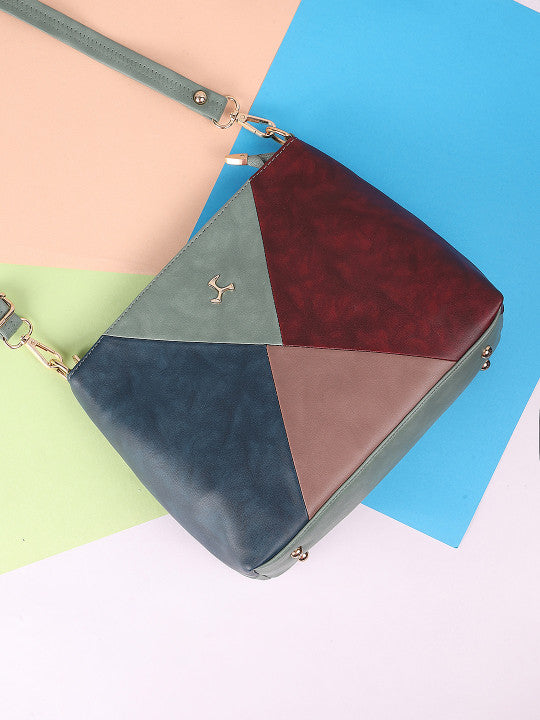Geometric Colourblocked Detachable Strap Zip Detail Structured Sling Bag