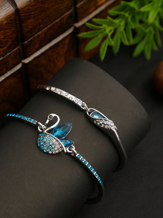 Women Set of 2 Blue Silver-Plated Stone-Studded Bracelets