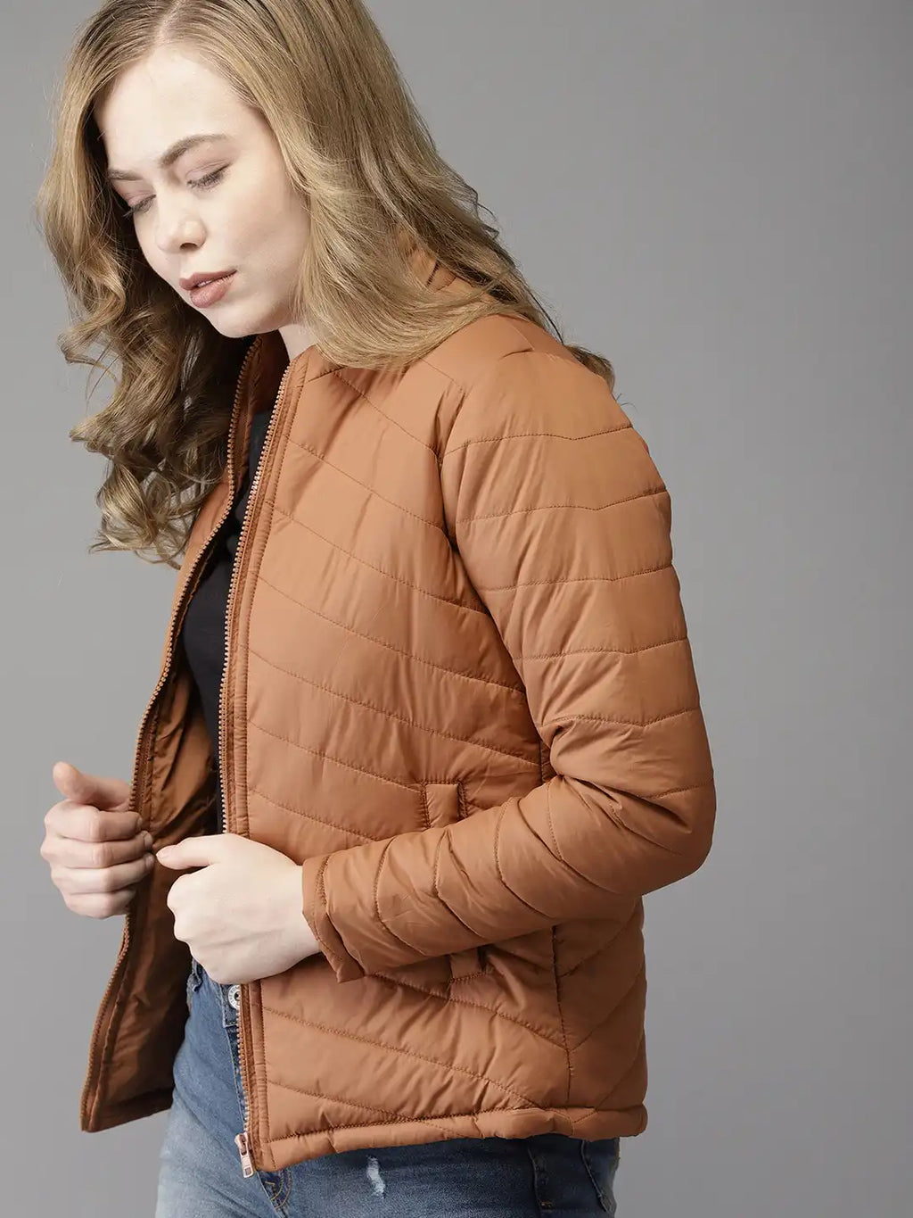 Women Camel Brown Solid Puffer Jacket