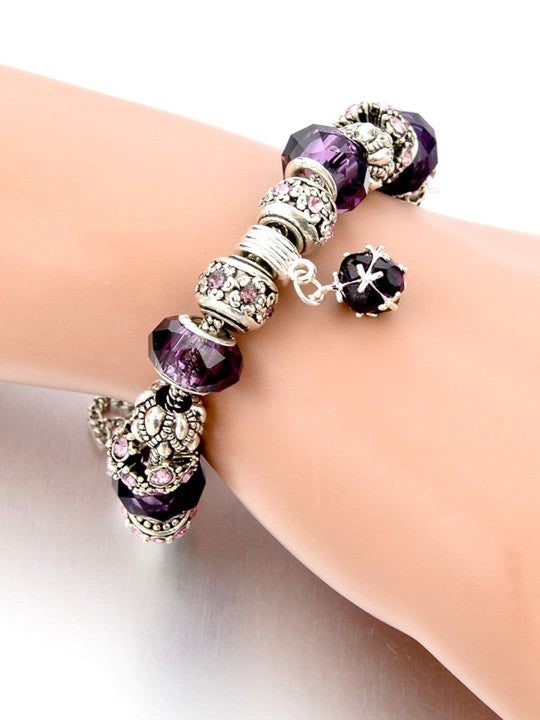 Vistelle Silver Toned Purple Crystal Studded Charm Hanging Bracelet