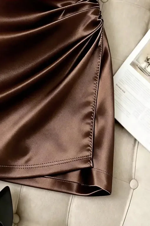 Brown Ruched Mid Rise Mini Skirt