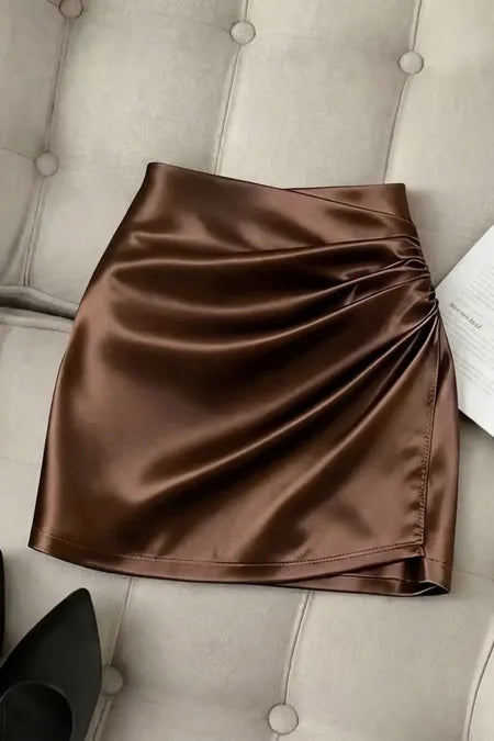 Brown Ruched Mid Rise Mini Skirt