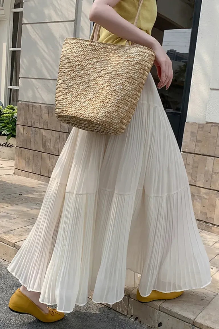 Off White Solid Tiered Maxi Skirt