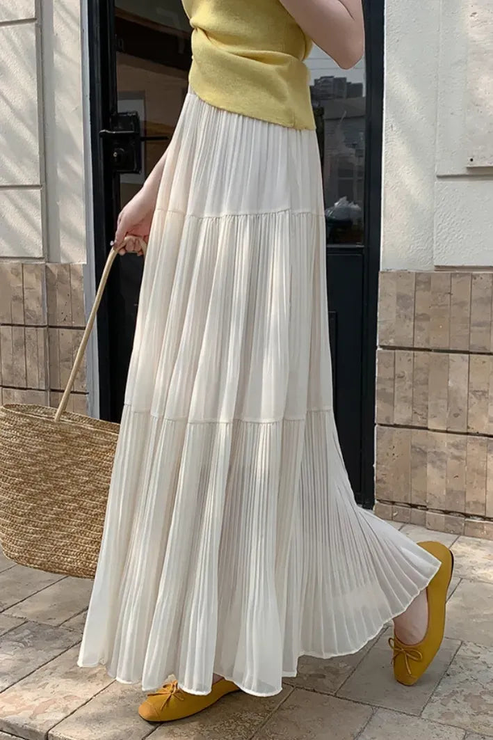 Off White Solid Tiered Maxi Skirt