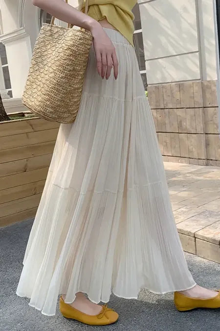 Off White Solid Tiered Maxi Skirt