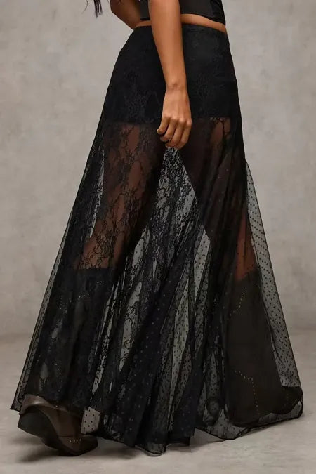 Black Lace Mid Rise Skirt