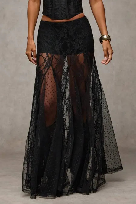 Black Lace Mid Rise Skirt