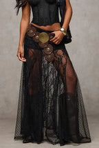 Black Lace Mid Rise Skirt