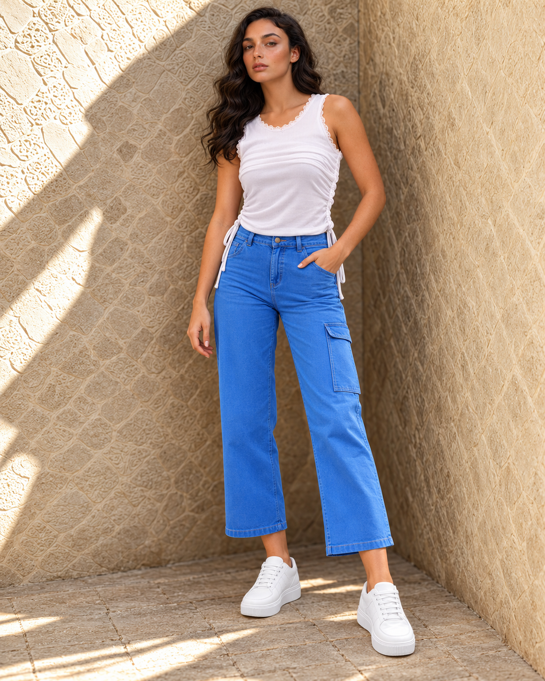 Women Blue Flared Clean Look Cargo Jeans