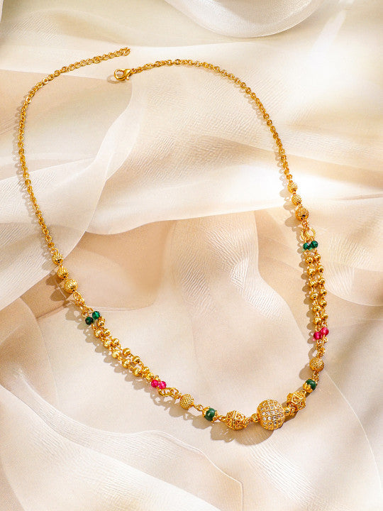 18K Gold-Plated Cubic Zirconia Stone Gold, Green & Pink Beaded Matar Mala Necklace