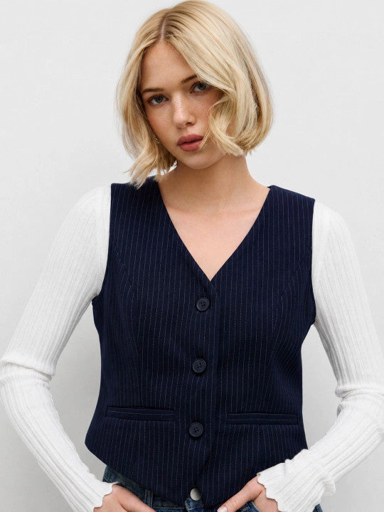 Striped V-Neck Woven Waistcoat