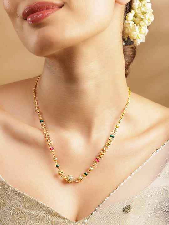 18K Gold-Plated Cubic Zirconia Stone Gold, Green & Pink Beaded Matar Mala Necklace