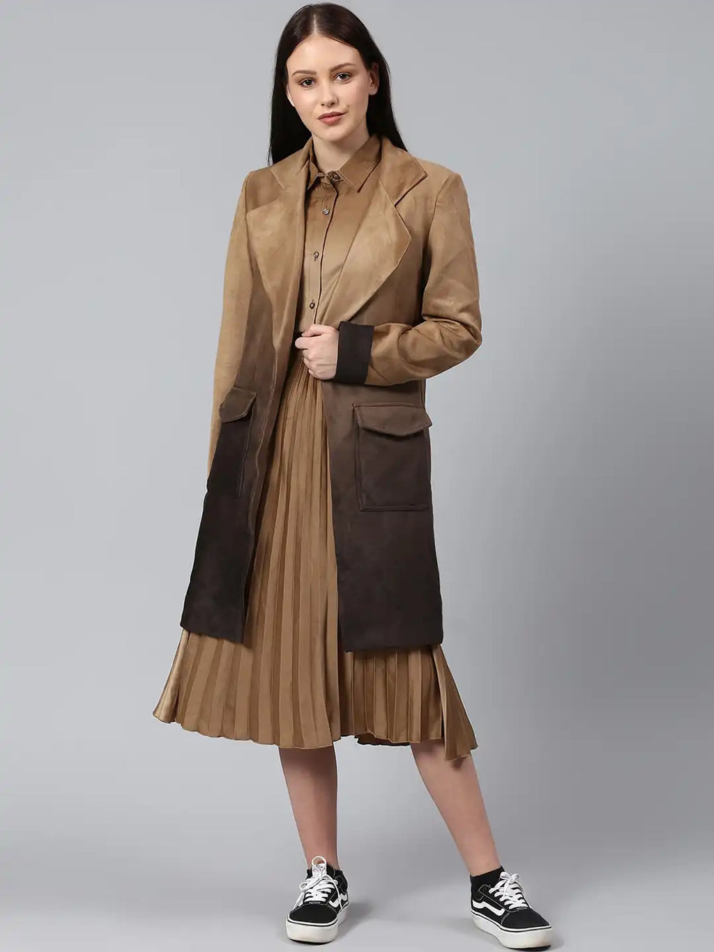 Women Tan Brown Solid Suede Longline Overcoat