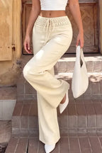 Cream Solid High Rise Trousers