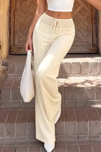 Cream Solid High Rise Trousers