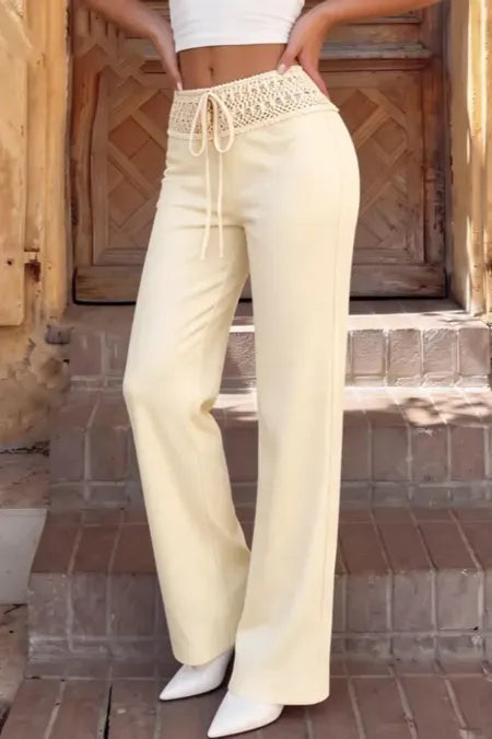 Cream Solid High Rise Trousers