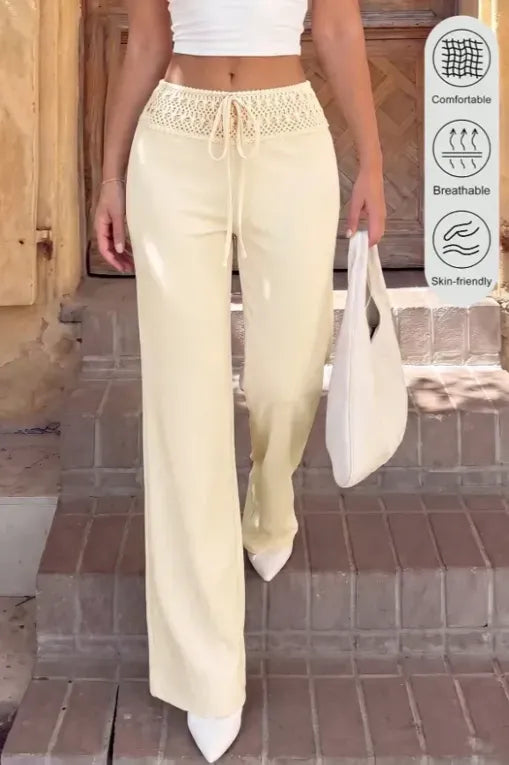 Cream Solid High Rise Trousers