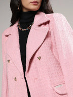 Pink Self Design Notched Lapel Collar Longline Trench Coat