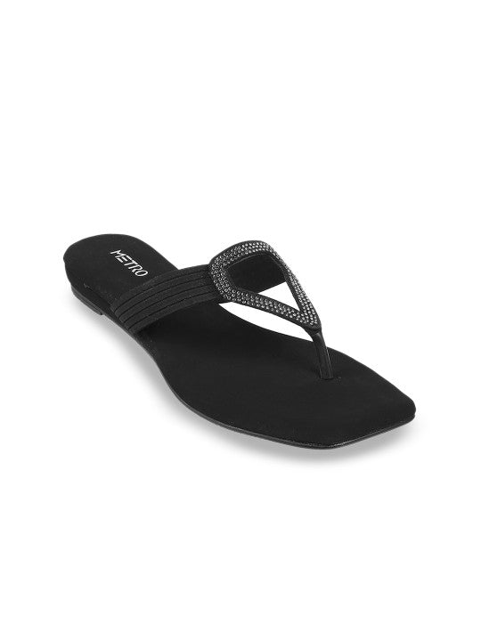 Womens Black Embellished T-Strap Comfort Open Toe Flats