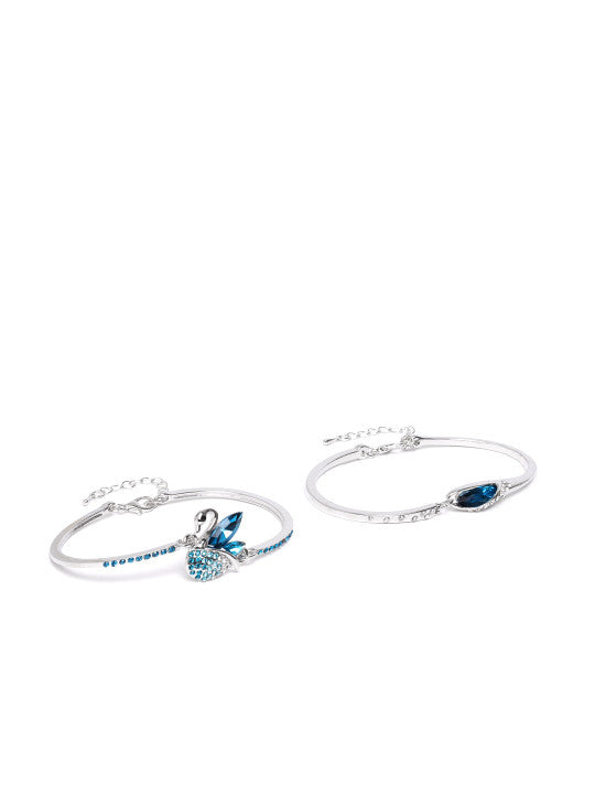 Women Set of 2 Blue Silver-Plated Stone-Studded Bracelets