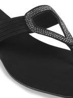 Womens Black Embellished T-Strap Comfort Open Toe Flats