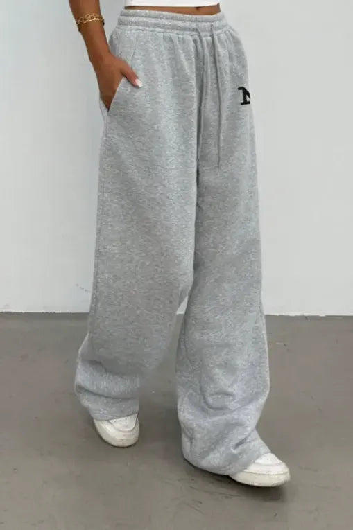 Grey Mid-Rise Embroidered Pants