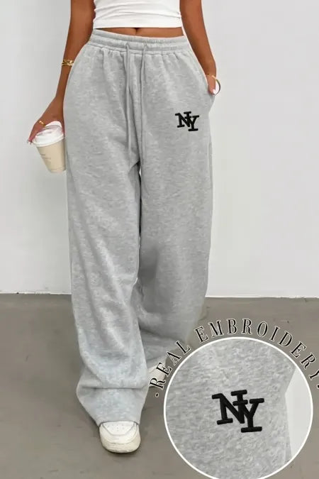 Grey Mid-Rise Embroidered Pants