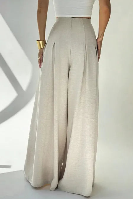 Beige High-Rise Pleated Pants