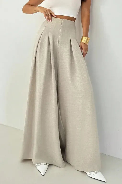 Beige High-Rise Pleated Pants