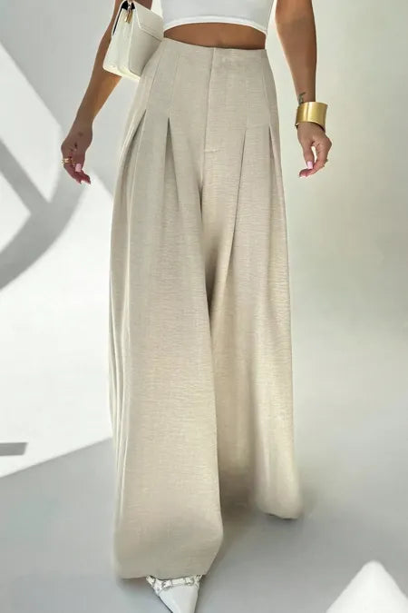 Beige High-Rise Pleated Pants