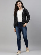 Women Black Hooded Quilted Jacket