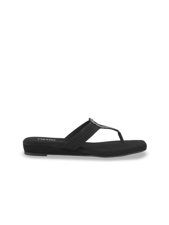 Womens Black Embellished T-Strap Comfort Open Toe Flats