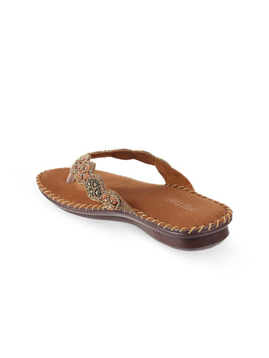 Women Brown Gold-Toned Embellished Open Toe Flats