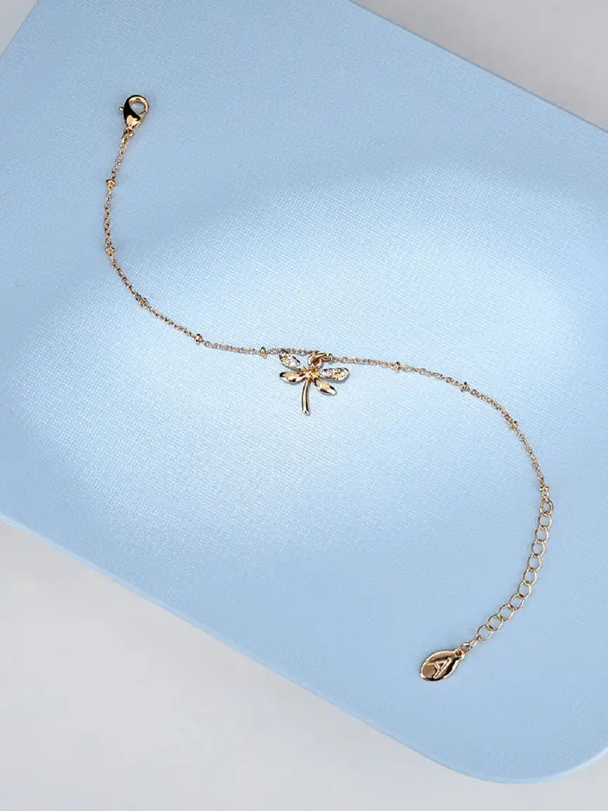London Women Gold-Plated & White Crystals Dragonfly Clasp Charm Bracelet
