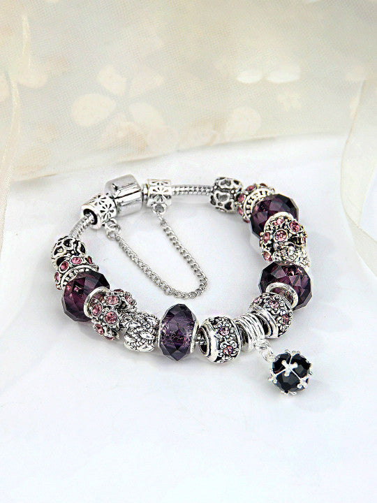Vistelle Silver Toned Purple Crystal Studded Charm Hanging Bracelet