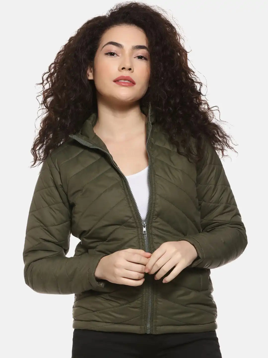 Women Olive Green Solid Padded Jacket