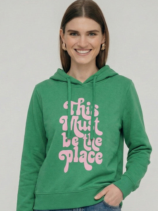 Women Green Printed Hooded Sweatshirt