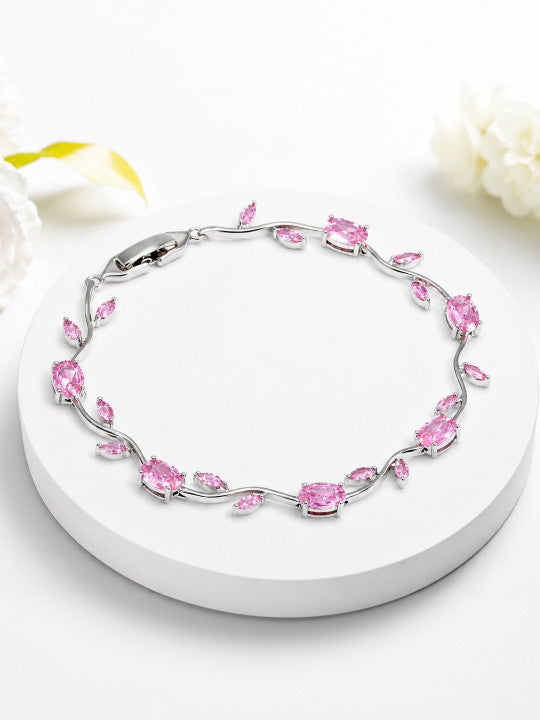 Silver Anti Tarnish Floral Pink Stones Crystal Tulip Bracelet