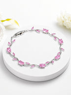 Silver Anti Tarnish Floral Pink Stones Crystal Tulip Bracelet