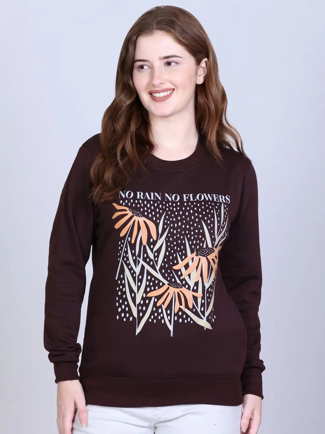 Women Floral Printed Ribbed Pullover Sweatshirt