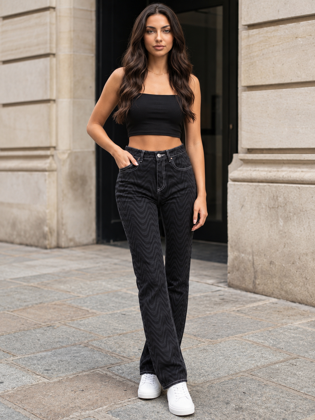 Women Black Grey Printed Straight Fit High-Rise Stretchable Jeans