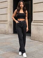 Women Black Grey Printed Straight Fit High-Rise Stretchable Jeans