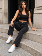 Women Black Grey Printed Straight Fit High-Rise Stretchable Jeans
