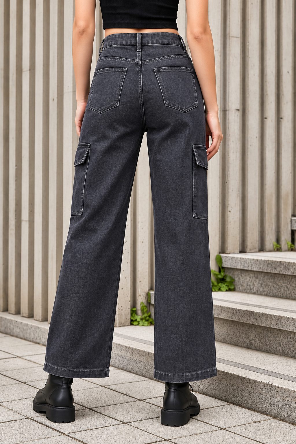 Women Grey Flared Clean Look Cargo Jeans