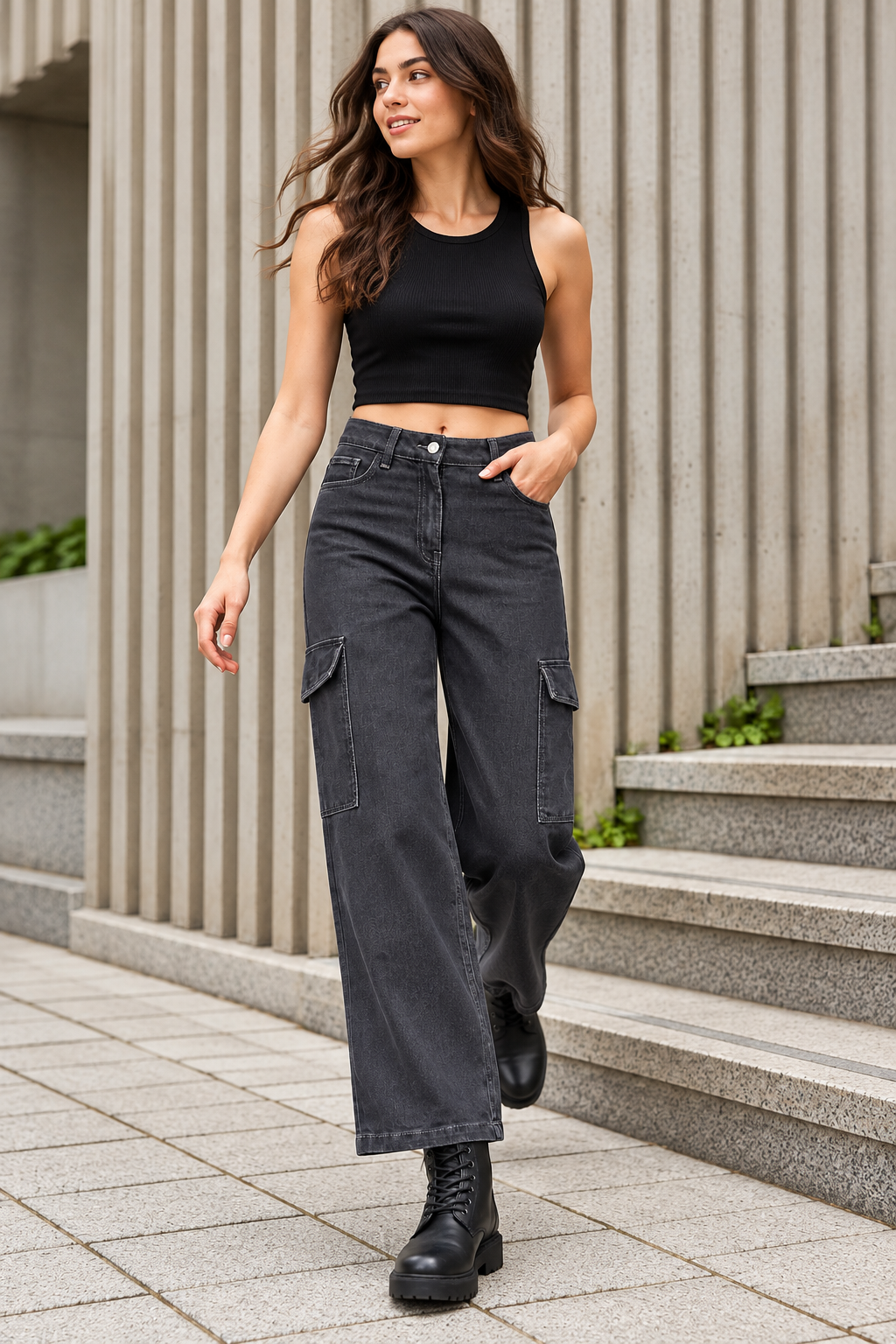 Women Grey Flared Clean Look Cargo Jeans