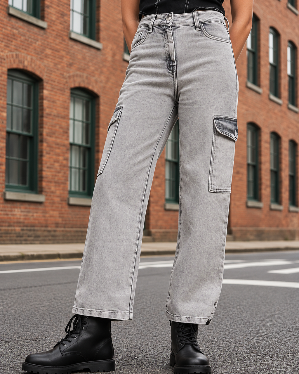 Women Grey Flared Clean Look Heavy Fade Cargo Jeans